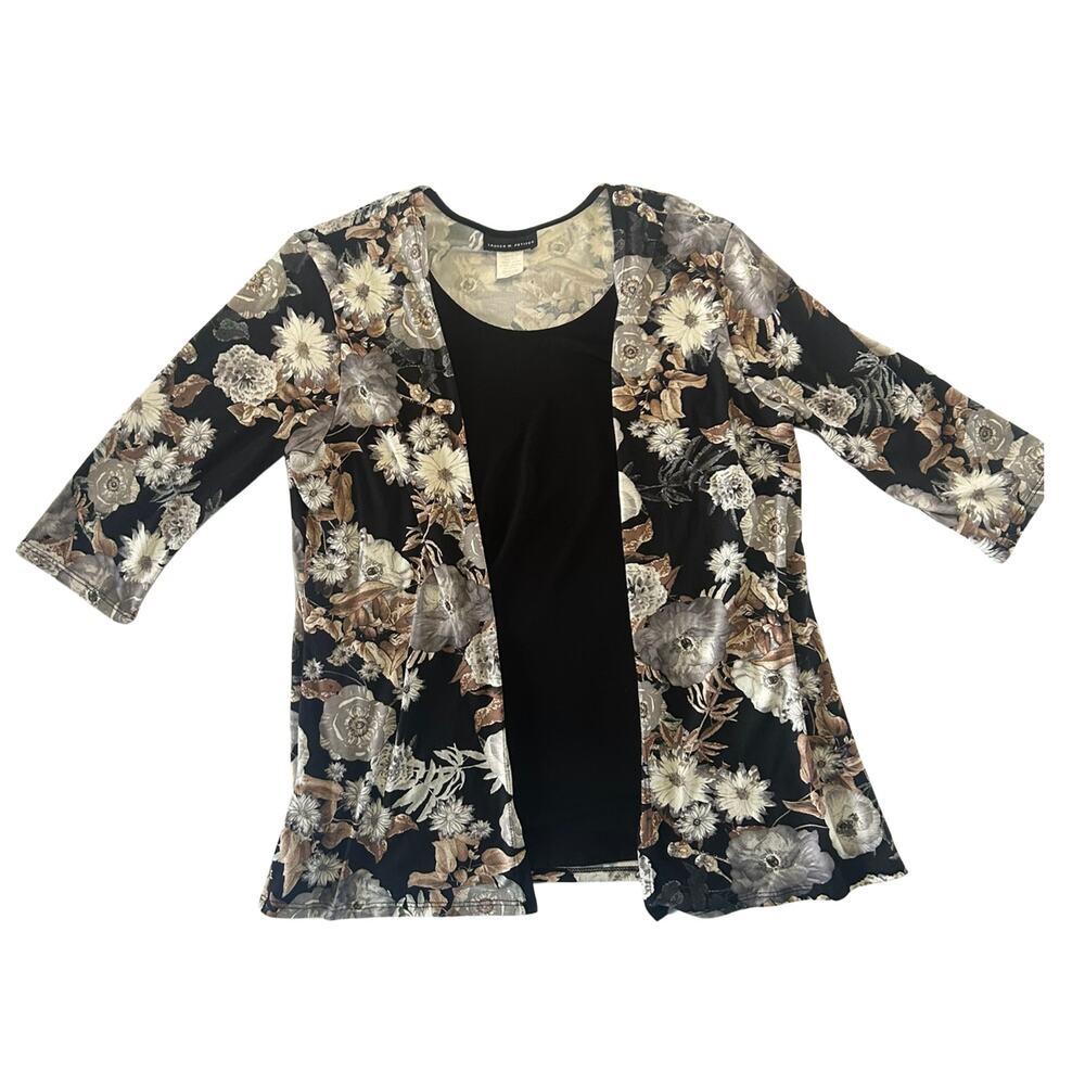 Lauren M. Petites L Floral Faux Twinset Blouse Hawaii Floral Layered 3/4 Sleeve